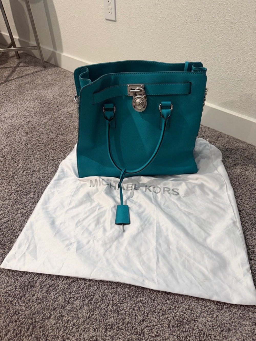 Michael Kors Teal Structured Leather Tote with Lock Detail